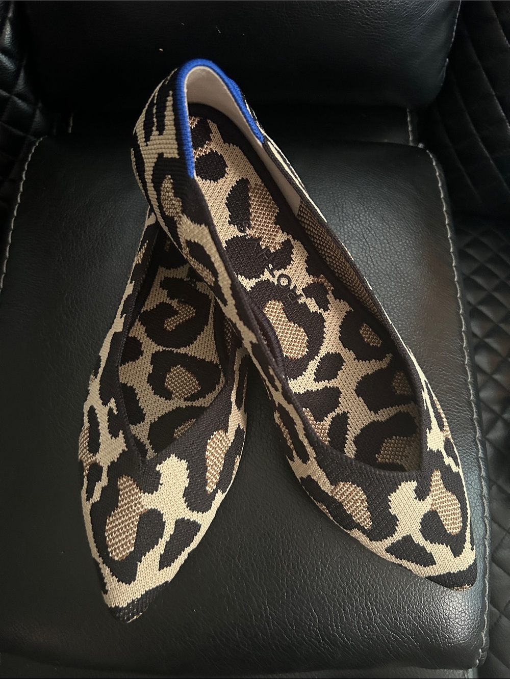 Rothy's Leopard Knit Pointed Toe Flats in Tan, Black & Blue Trim